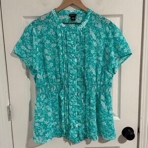 Torrid Babydoll Top Womens 2 Teal Floral Ruffle Button Front Blouse Coastal Boho